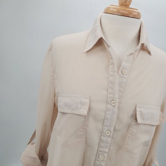 Vintage Solemio Womens Button Up Roll Tab Sleeve Blouse Top Sz L Cream Career - Picture 5 of 16
